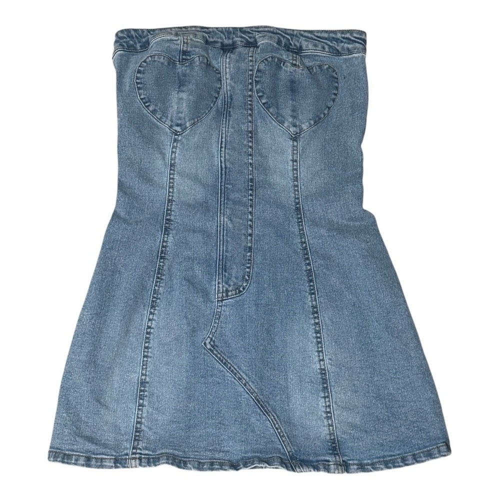 BOHO Forever 21 Blue Denim Strapless Mini Dress Hearts Jeans Concert Size S